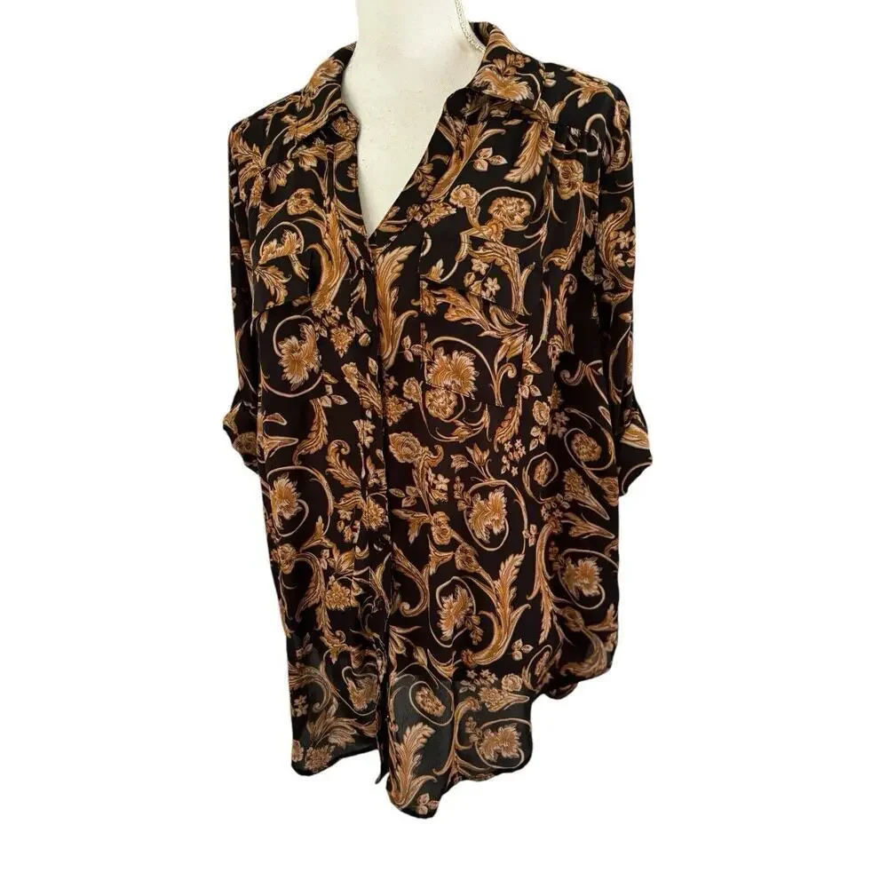 Torrid Madison Georgette Button Front Blouse Black Ornate 1X Plus Size - Picture 4 of 9